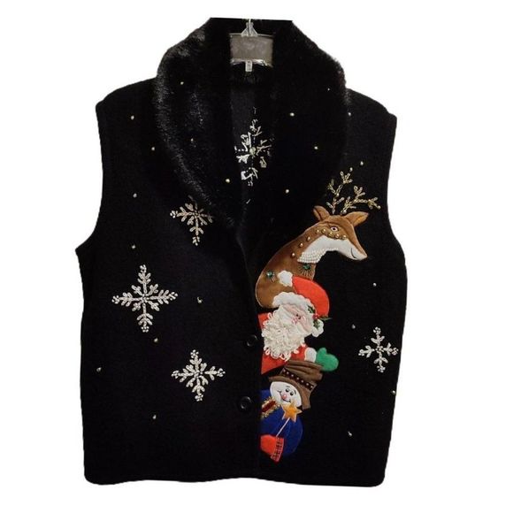 Christmas Sweater Sweaters - Christmas Sweater Vest Boiled Wool Santa Reindeer Removable Faux Fur Collar